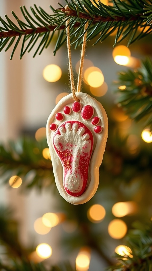 Homemade Dough Footprint Ornament Recipe Dough footprint ornament in festive colors displayed on a tree branch with holiday lights.